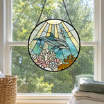 Ocean wave blue tulip dolphin stained glass suncatcher window hanging, suitable for home and garden decoration