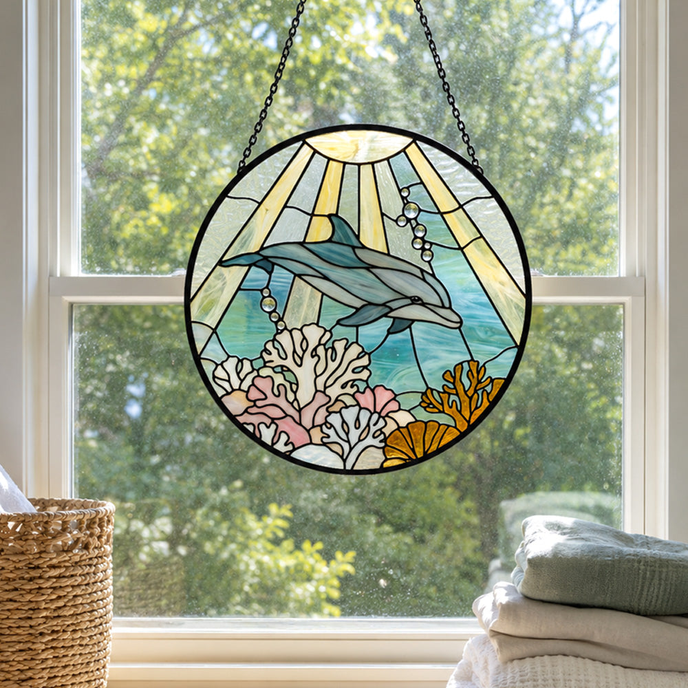 Ocean wave blue tulip dolphin stained glass suncatcher window hanging, suitable for home and garden decoration