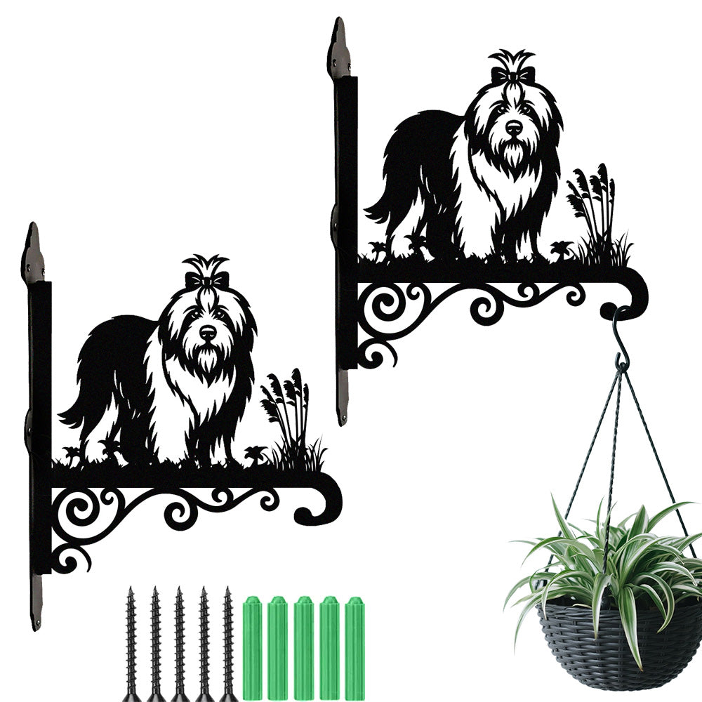 Old english sheepdog metal hanging basket bracket mounted on outdoor wall for plant decoration
