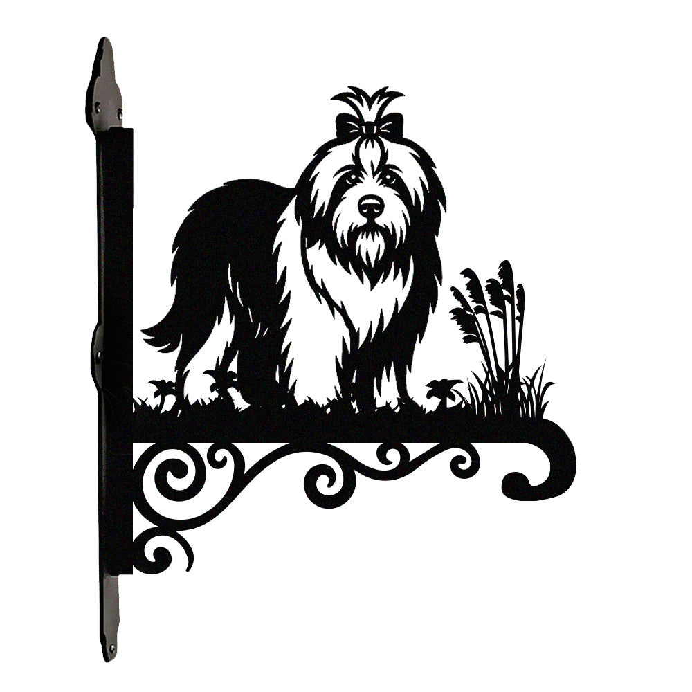 Old english sheepdog metal hanging basket bracket mounted on outdoor wall for plant decoration