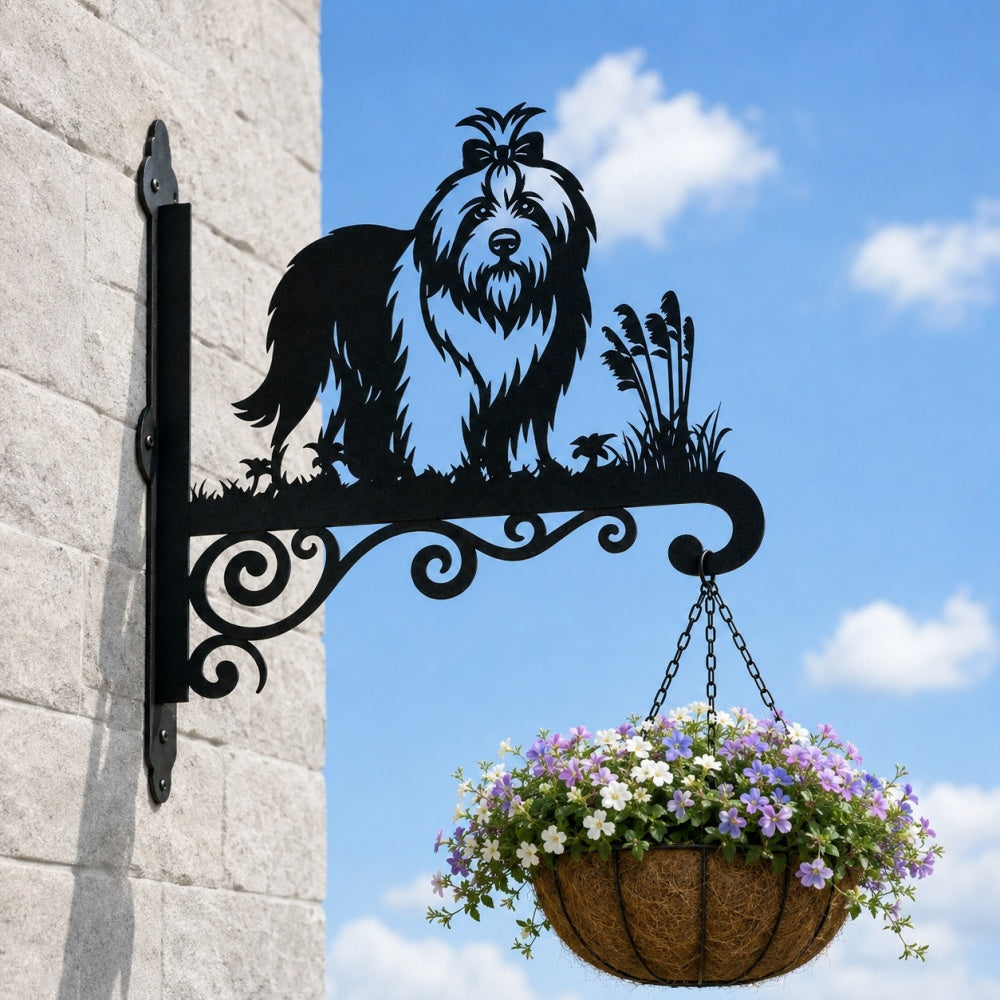 Old english sheepdog metal hanging basket bracket mounted on outdoor wall for plant decoration