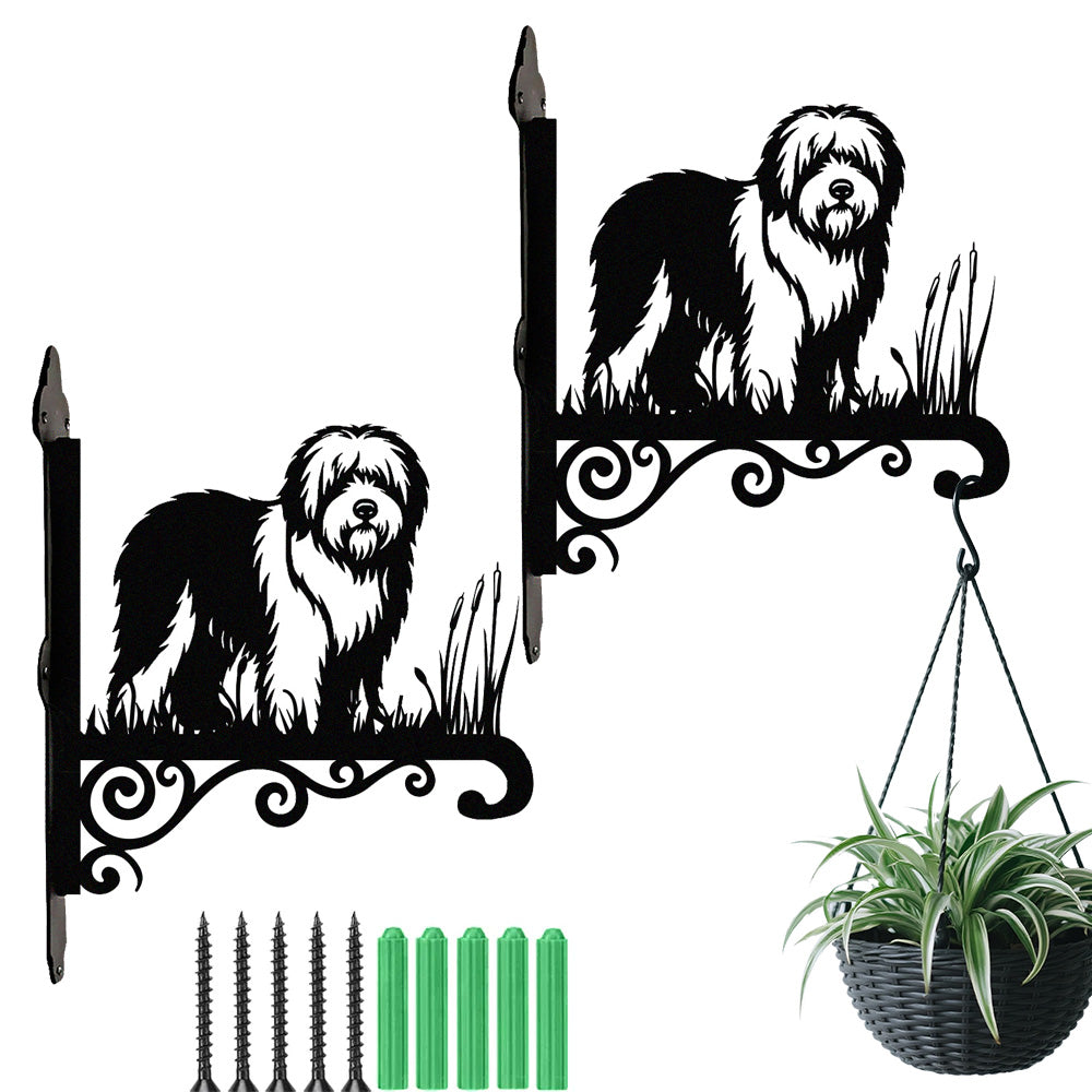 Old english sheepdog metal hanging basket bracket mounted on outdoor wall for plant decoration
