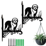 Old english sheepdog metal hanging basket bracket mounted on outdoor wall for plant decoration