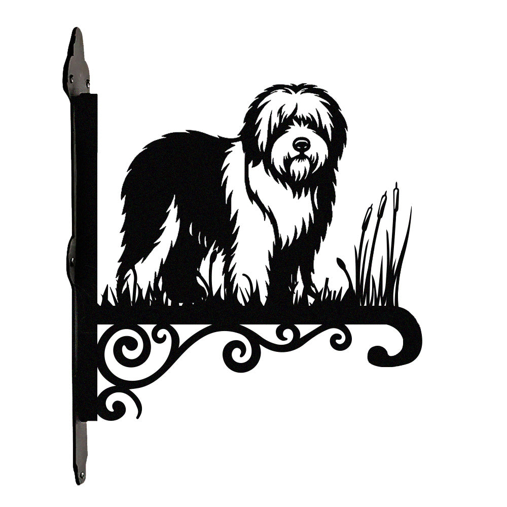 Old english sheepdog metal hanging basket bracket mounted on outdoor wall for plant decoration