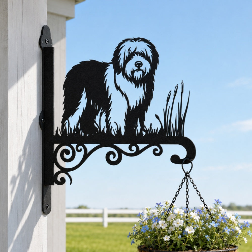 Old english sheepdog metal hanging basket bracket mounted on outdoor wall for plant decoration