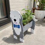 Old English Sheepdog  planter filled with fresh flowers is placed in the garden.
