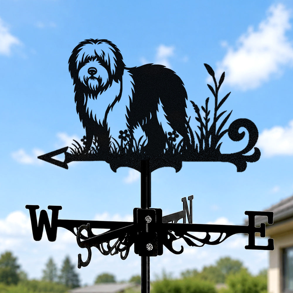 Old english sheepdog metal weather vane with directional arrows and mounting rod, outdoor roof and garden decoration