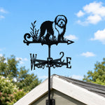 Old english sheepdog metal weather vane with directional arrows and mounting rod, outdoor roof and garden decoration