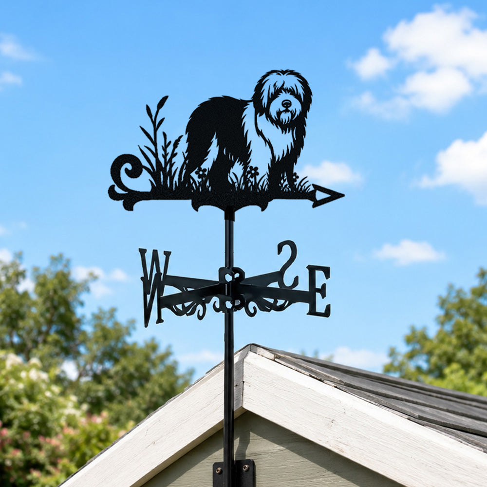 Old english sheepdog metal weather vane with directional arrows and mounting rod, outdoor roof and garden decoration