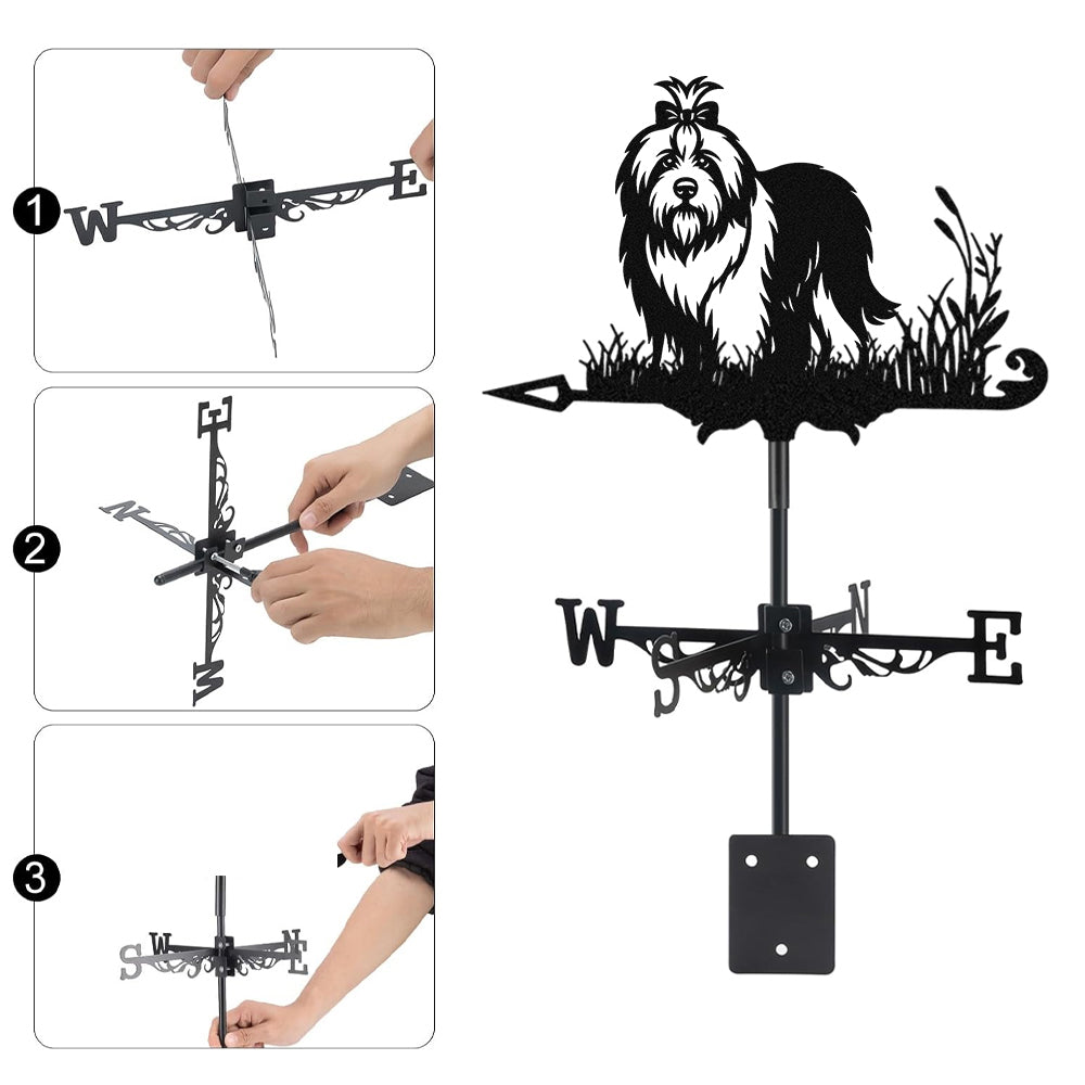 Old english sheepdog metal weather vane with directional arrows and mounting rod, outdoor roof and garden decoration