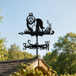 Old english sheepdog metal weather vane with directional arrows and mounting rod, outdoor roof and garden decoration