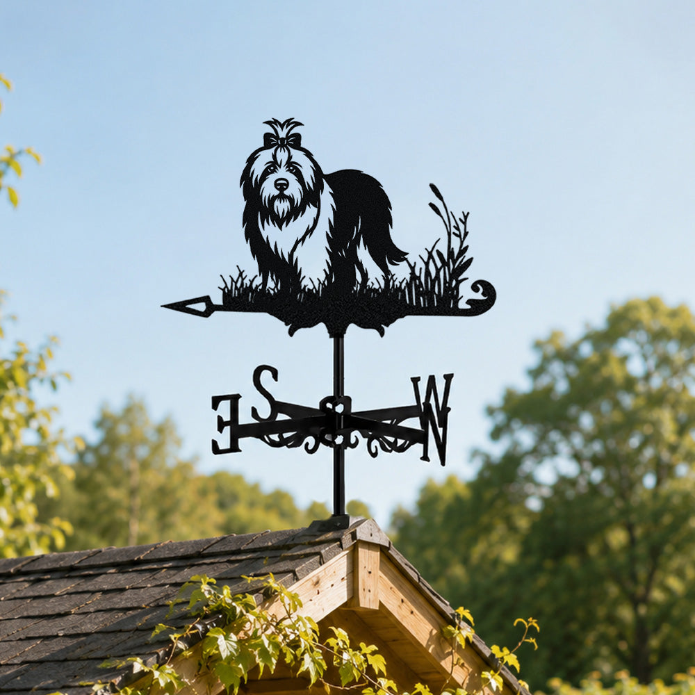 Old english sheepdog metal weather vane with directional arrows and mounting rod, outdoor roof and garden decoration