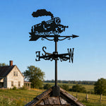Old school locomotive metal weather vane with directional arrows and mounting rod, outdoor roof and garden decoration