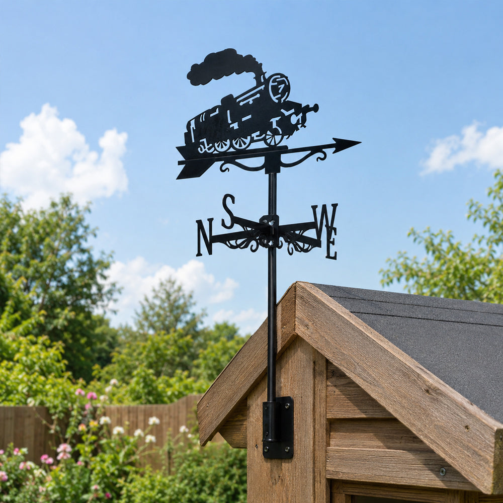 Old school locomotive metal weather vane with directional arrows and mounting rod, outdoor roof and garden decoration