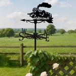 Old school locomotive metal weather vane with directional arrows and mounting rod, outdoor roof and garden decoration