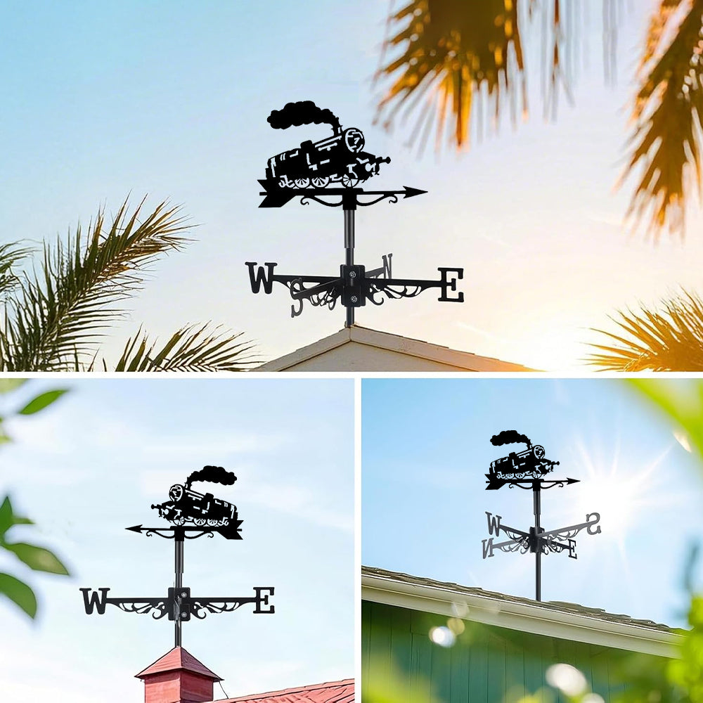 Old school locomotive metal weather vane with directional arrows and mounting rod, outdoor roof and garden decoration