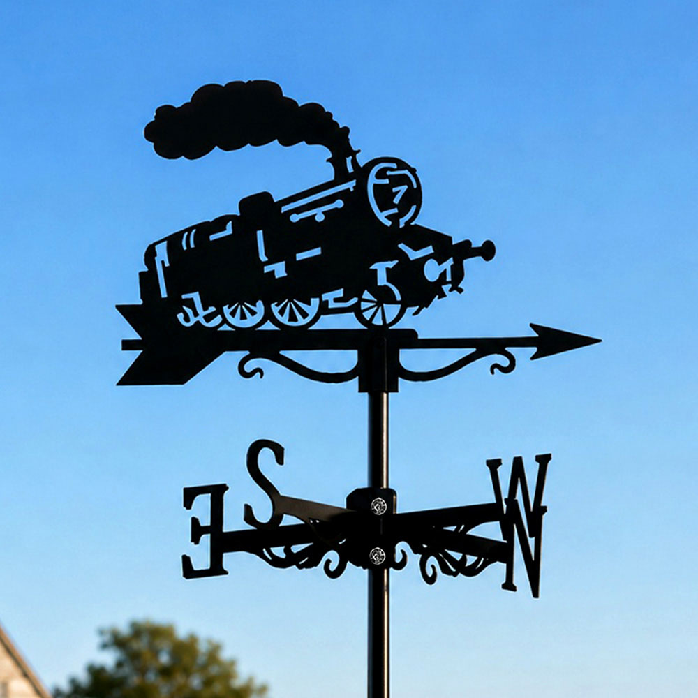 Old school locomotive metal weather vane with directional arrows and mounting rod, outdoor roof and garden decoration