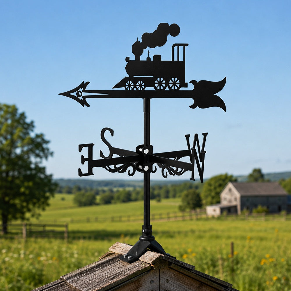 Old school locomotive metal weather vane with directional arrows and mounting rod, outdoor roof and garden decoration