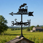 Old school locomotive metal weather vane with directional arrows and mounting rod, outdoor roof and garden decoration