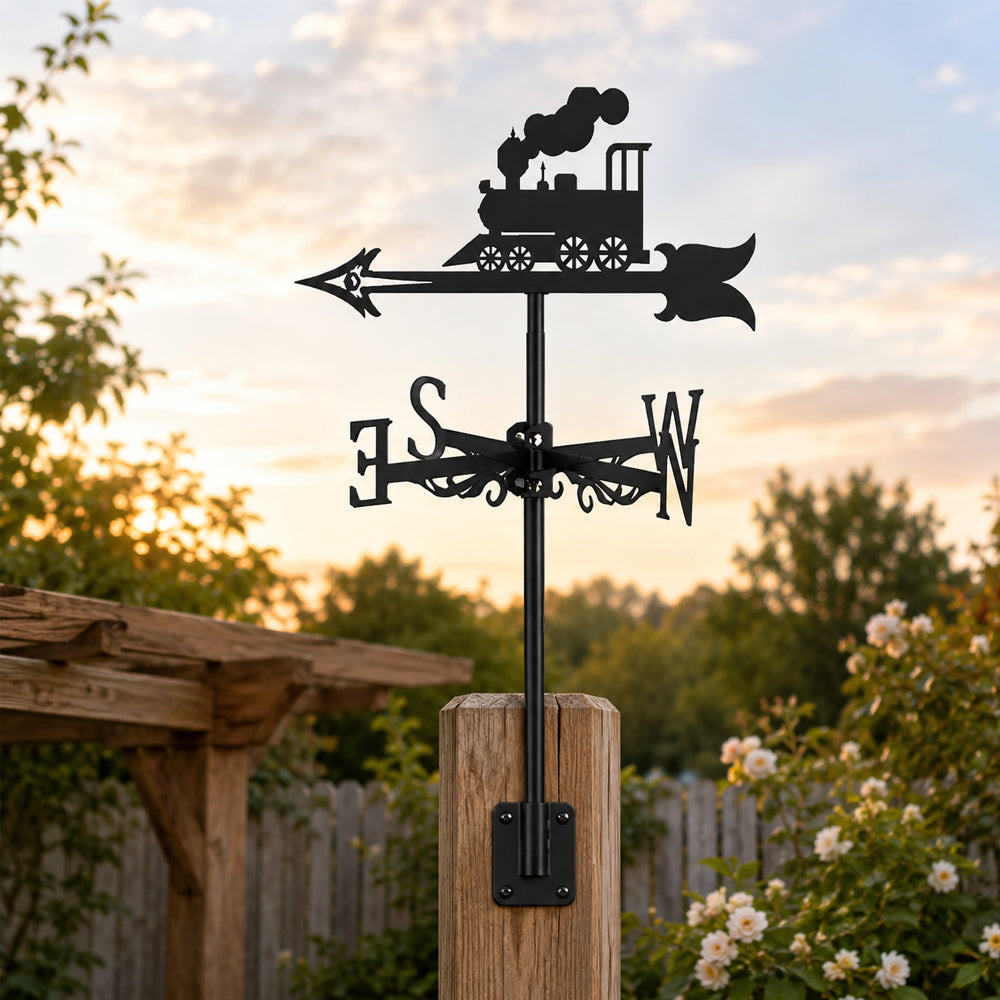Old school locomotive metal weather vane with directional arrows and mounting rod, outdoor roof and garden decoration