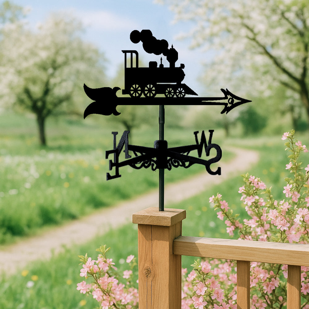 Old school locomotive metal weather vane with directional arrows and mounting rod, outdoor roof and garden decoration