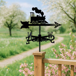 Old school locomotive metal weather vane with directional arrows and mounting rod, outdoor roof and garden decoration