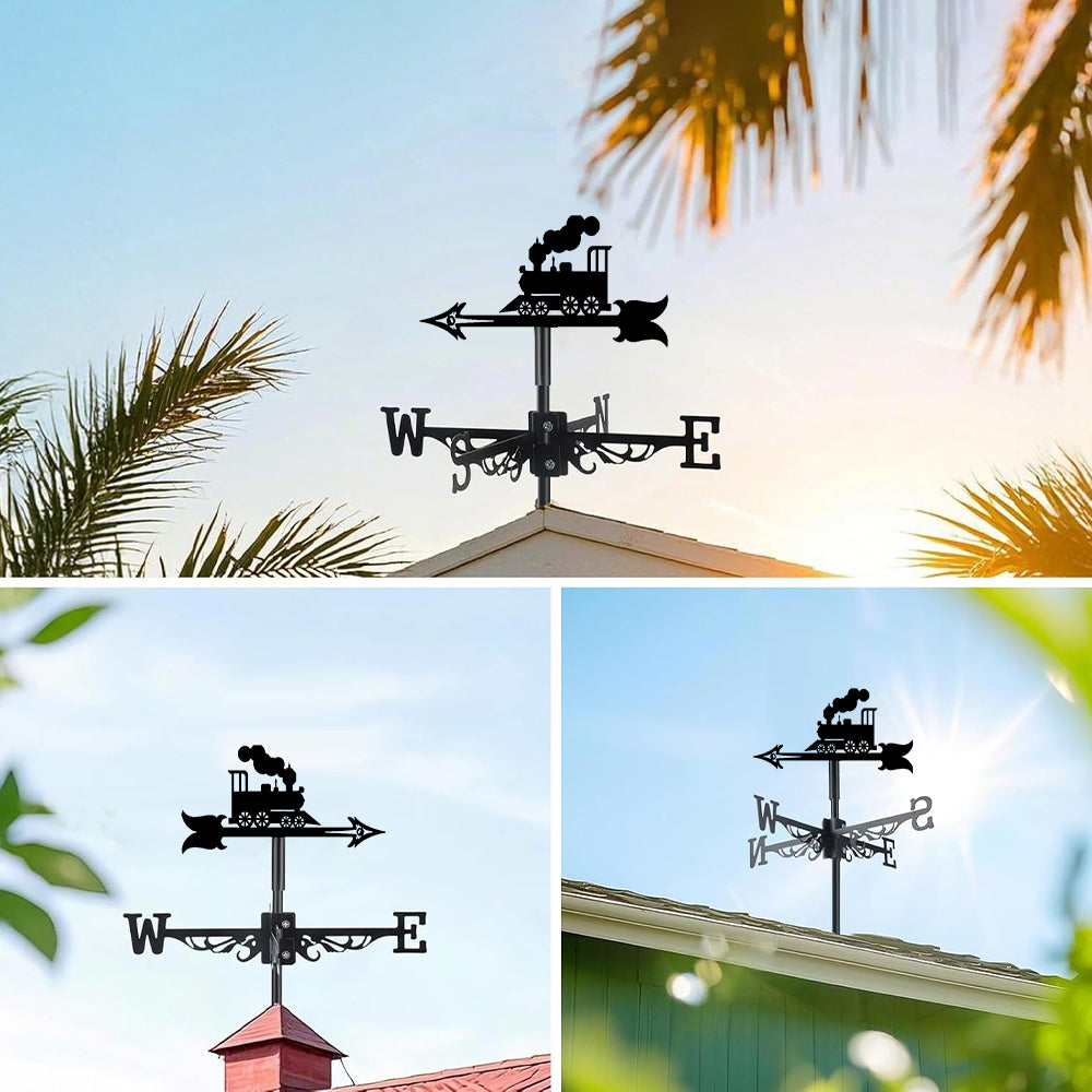 Old school locomotive metal weather vane with directional arrows and mounting rod, outdoor roof and garden decoration