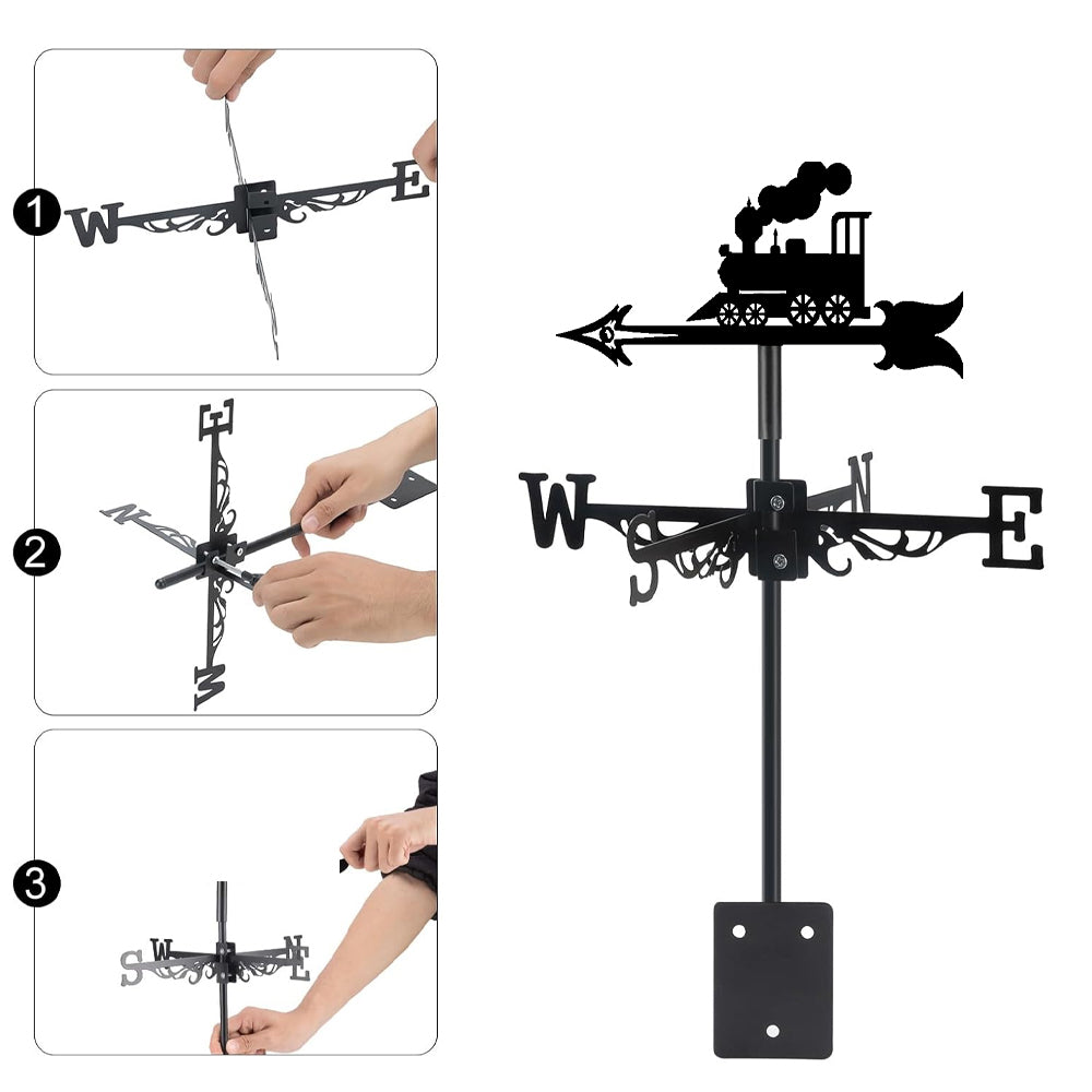 Old school locomotive metal weather vane with directional arrows and mounting rod, outdoor roof and garden decoration