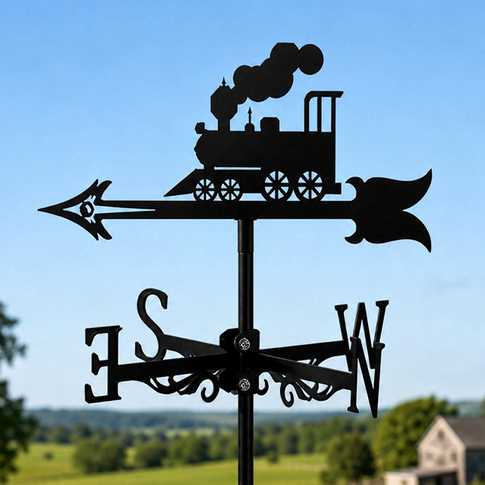 Old school locomotive metal weather vane with directional arrows and mounting rod, outdoor roof and garden decoration
