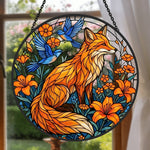 Orange lily garden fox with birds stained glass suncatcher window hanging, suitable for home and garden decoration