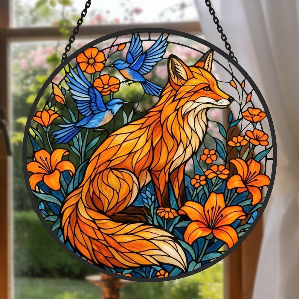 Orange lily garden fox with birds stained glass suncatcher window hanging, suitable for home and garden decoration
