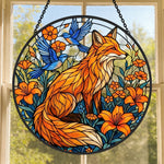 Orange lily garden fox with birds stained glass suncatcher window hanging, suitable for home and garden decoration