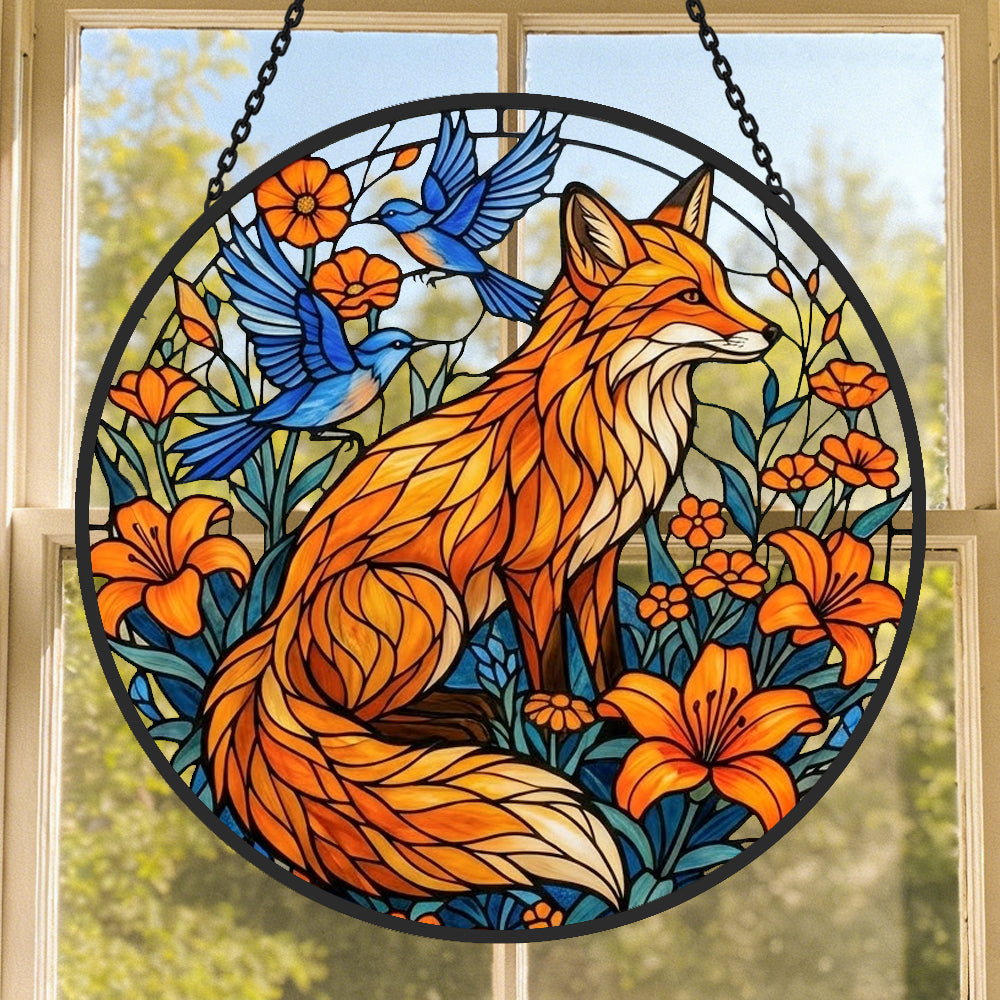 Orange lily garden fox with birds stained glass suncatcher window hanging, suitable for home and garden decoration