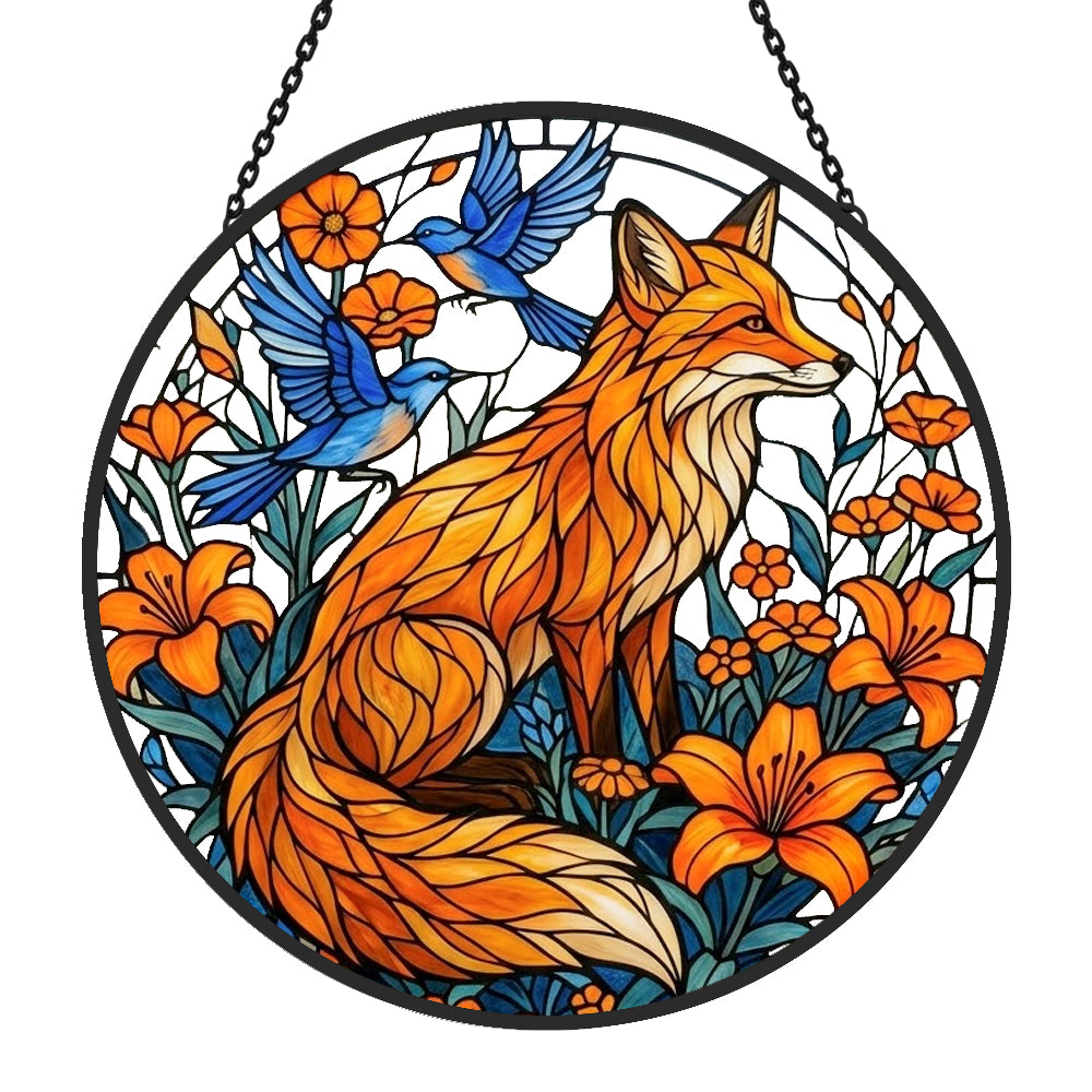 Orange lily garden fox with birds stained glass suncatcher window hanging, suitable for home and garden decoration