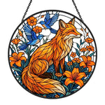 Orange lily garden fox with birds stained glass suncatcher window hanging, suitable for home and garden decoration