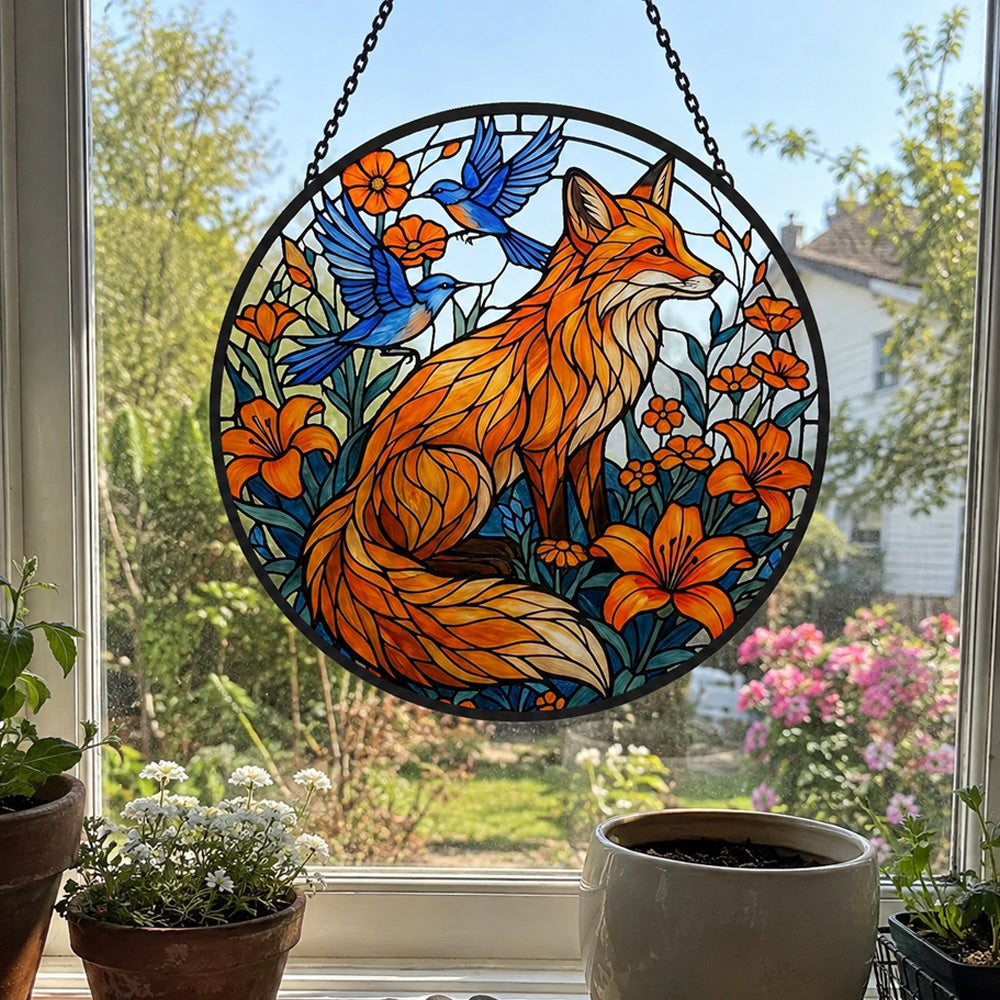 Orange lily garden fox with birds stained glass suncatcher window hanging, suitable for home and garden decoration
