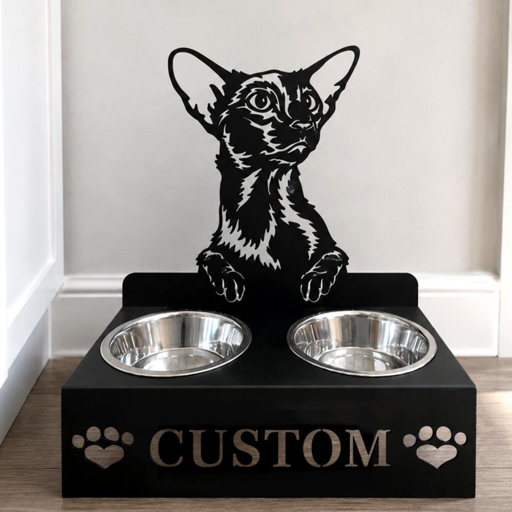 Personalized oriental shorthair cat metal cat bowl stand with custom name cutout and two removable feeding bowls