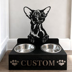 Personalized oriental shorthair cat metal cat bowl stand with custom name cutout and two removable feeding bowls