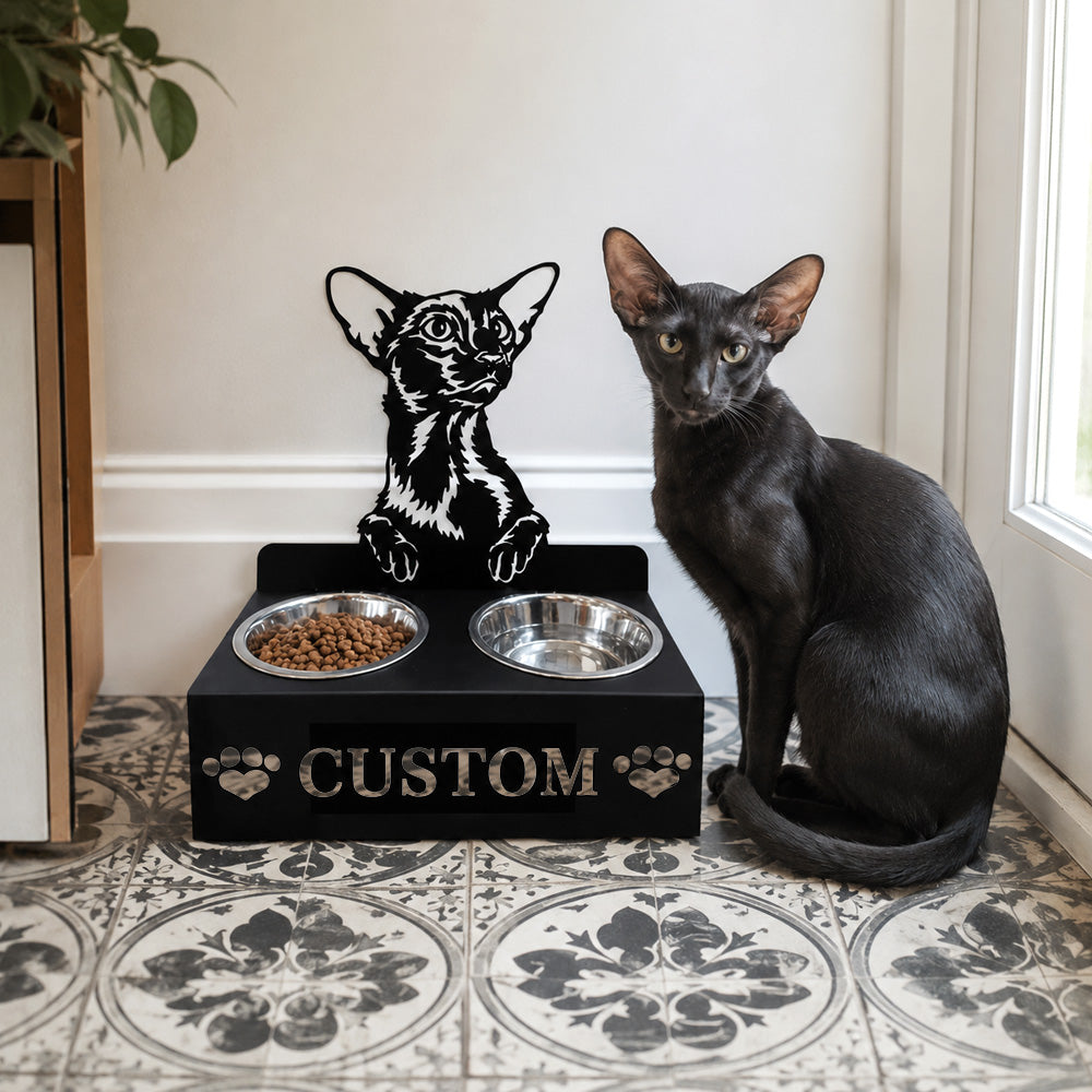 Personalized oriental shorthair cat metal cat bowl stand with custom name cutout and two removable feeding bowls