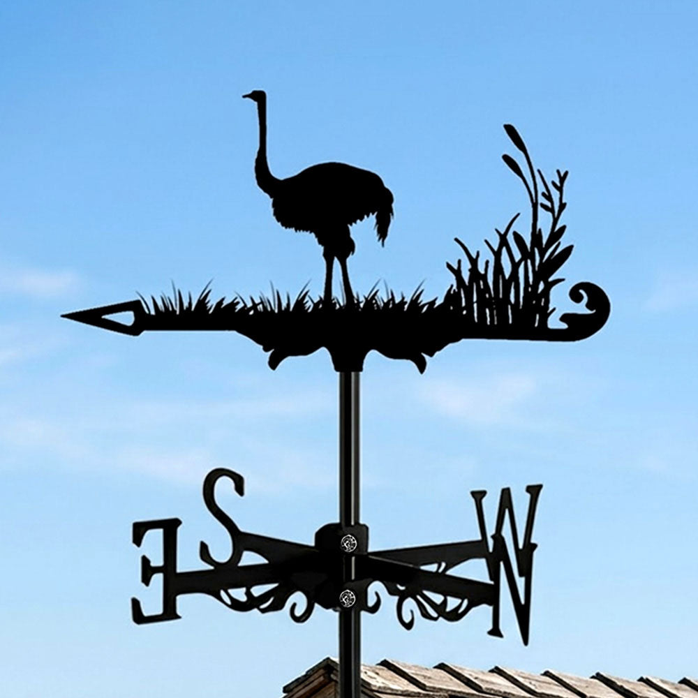 Ostrich metal weather vane with directional arrows and mounting rod, outdoor roof and garden decoration