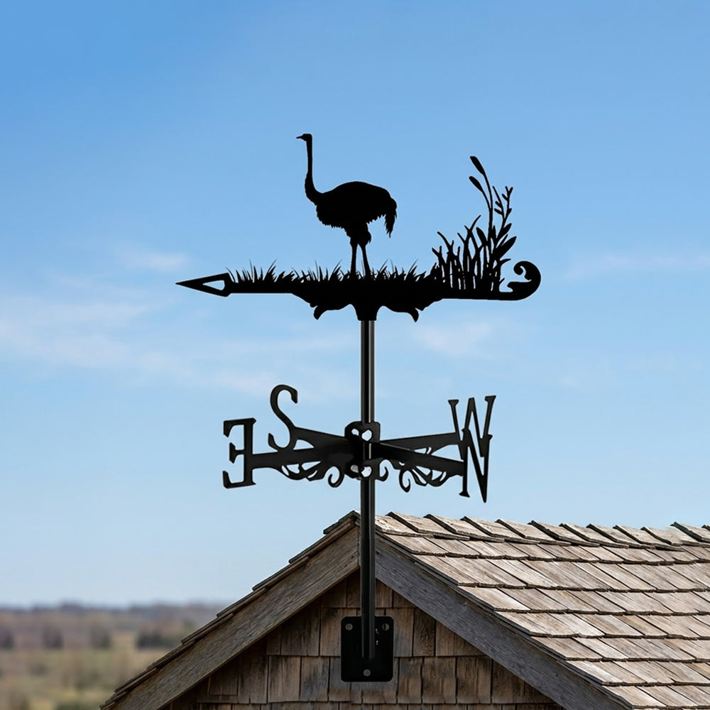 Ostrich metal weather vane with directional arrows and mounting rod, outdoor roof and garden decoration