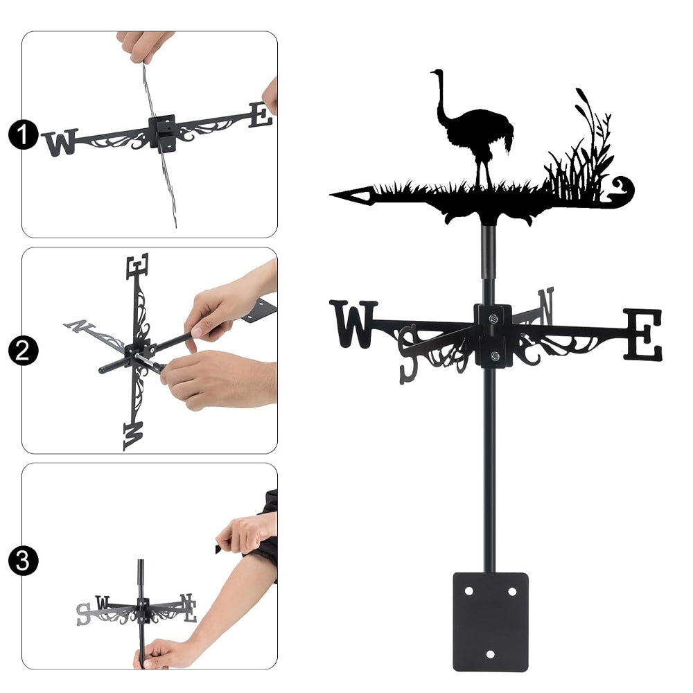 Ostrich metal weather vane with directional arrows and mounting rod, outdoor roof and garden decoration
