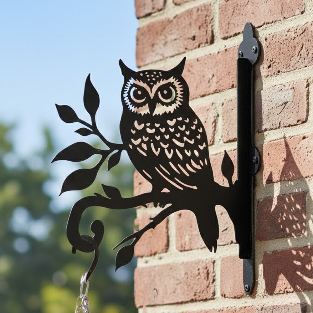 Owl branch metal hanging basket bracket mounted on outdoor wall for plant decoration