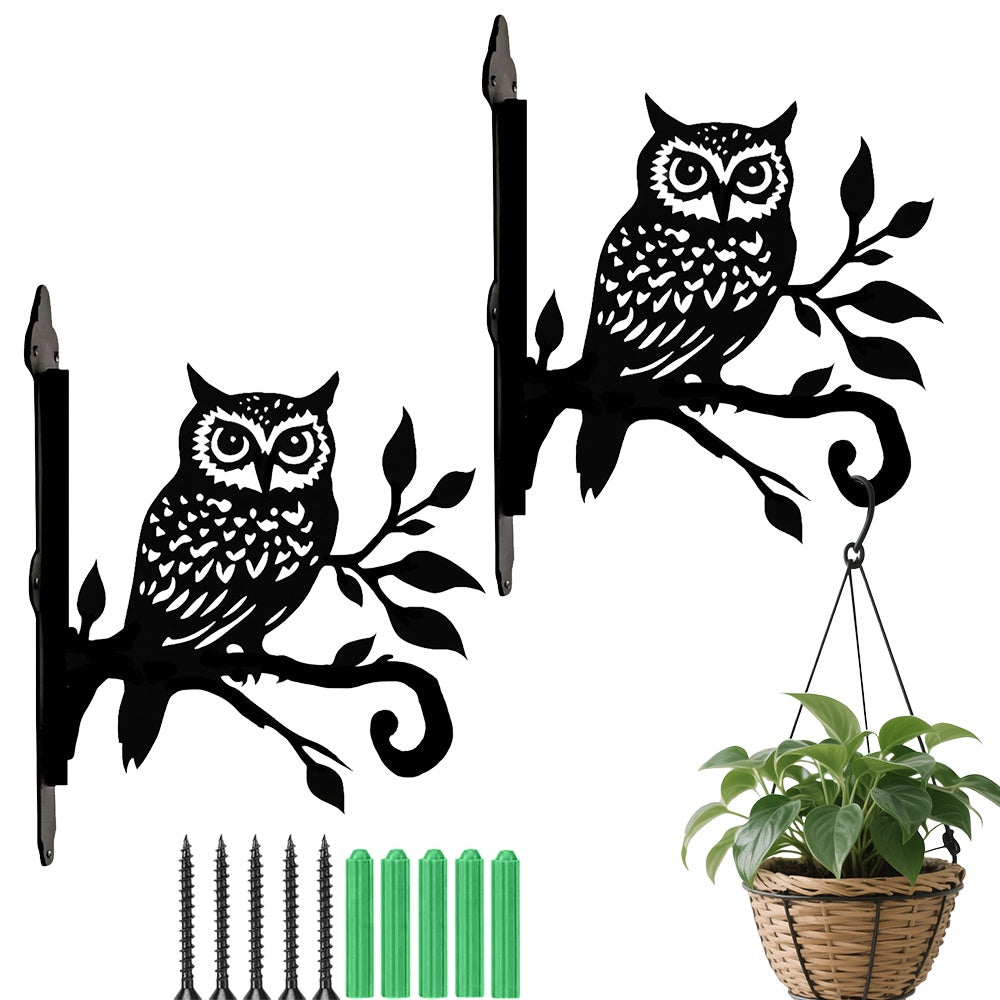 Owl branch metal hanging basket bracket mounted on outdoor wall for plant decoration