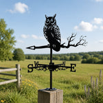 Owl on branch metal weather vane with directional arrows and mounting rod, outdoor roof and garden decoration