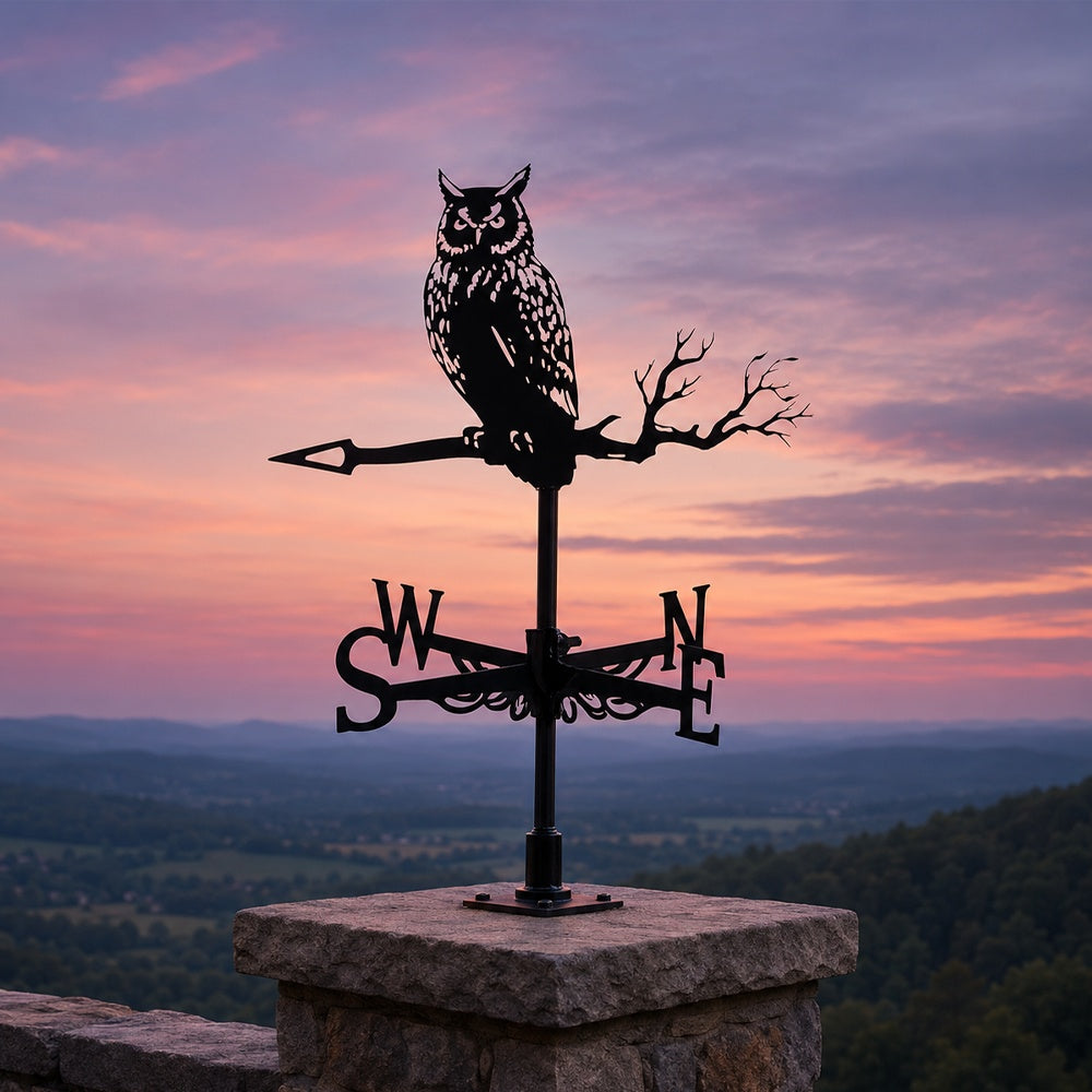 Owl on branch metal weather vane with directional arrows and mounting rod, outdoor roof and garden decoration