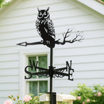 Owl on branch metal weather vane with directional arrows and mounting rod, outdoor roof and garden decoration