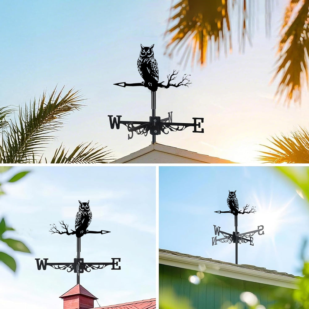 Owl on branch metal weather vane with directional arrows and mounting rod, outdoor roof and garden decoration