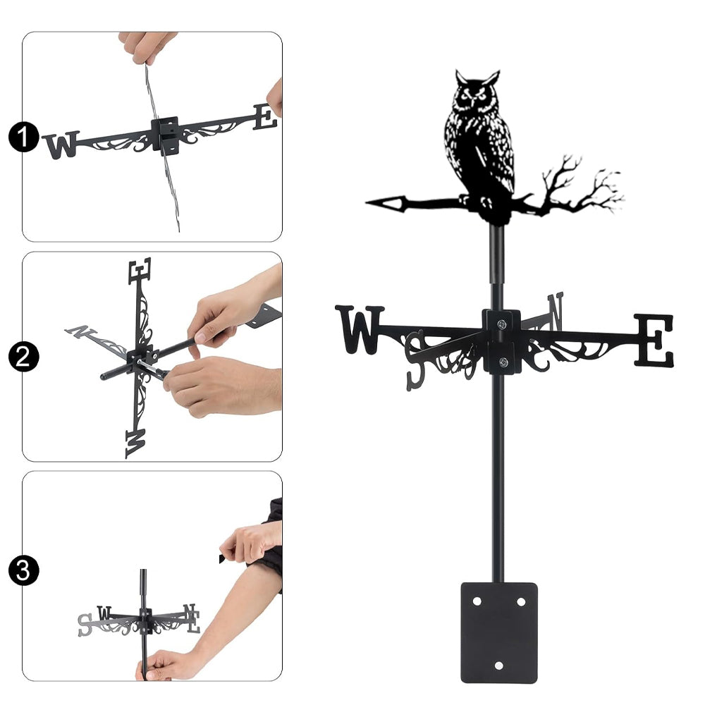 Owl on branch metal weather vane with directional arrows and mounting rod, outdoor roof and garden decoration