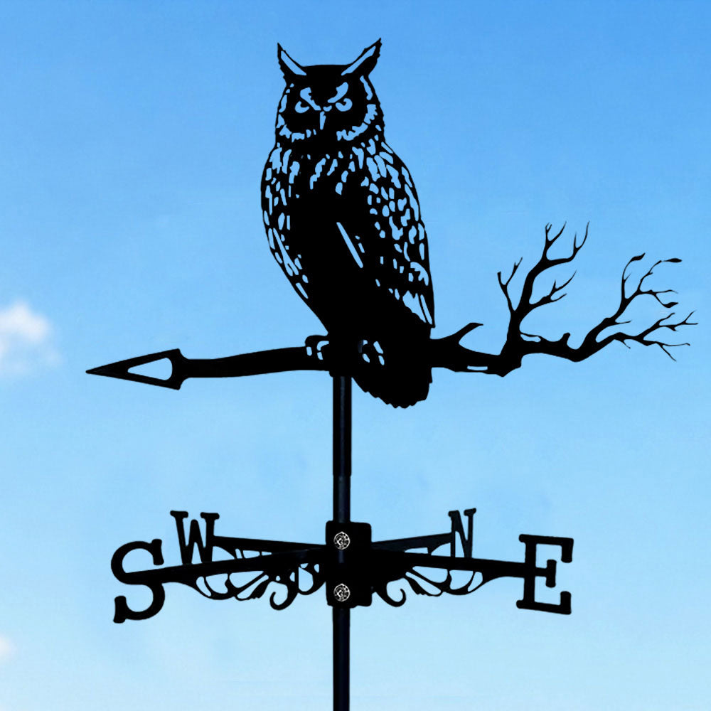 Owl on branch metal weather vane with directional arrows and mounting rod, outdoor roof and garden decoration